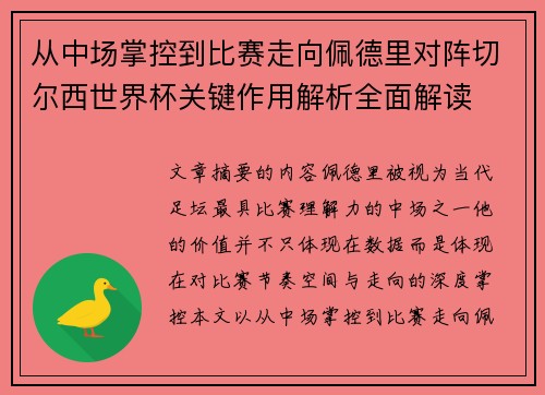 从中场掌控到比赛走向佩德里对阵切尔西世界杯关键作用解析全面解读